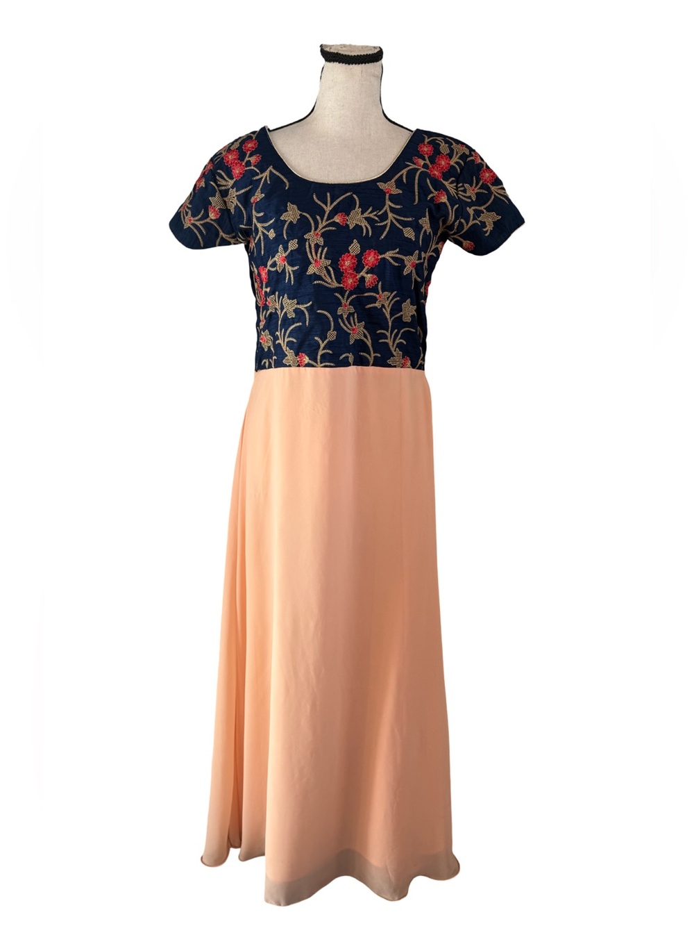 Cbazaar Maxi Dress Small Navy Gold Embroidered Floral Peach Formal Gown